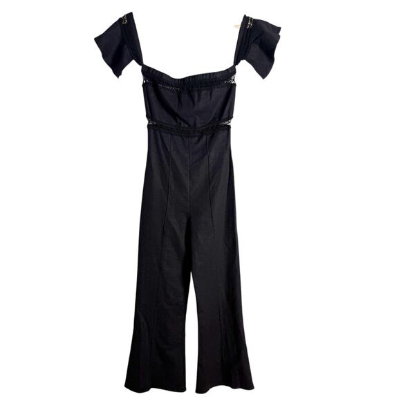 Stone Cold Fox Morrissey Linen Black Lace Crop Flare Leg Strapless Jumpsuit 2 - Picture 2 of 12